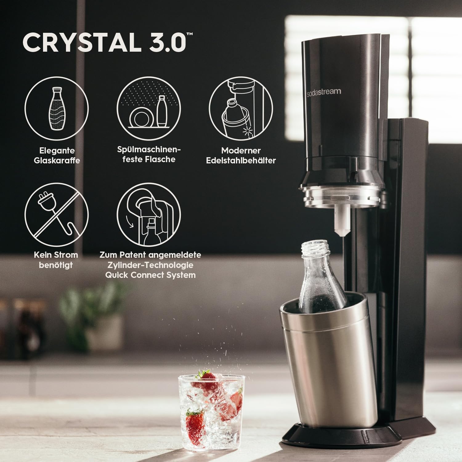 Crystal 3.0 Wassersprudler mit 1x Quick-Connect CO2-Zylinder und 2X Glaskaraffen, Silber, Schwarz, Titan, 45 cm