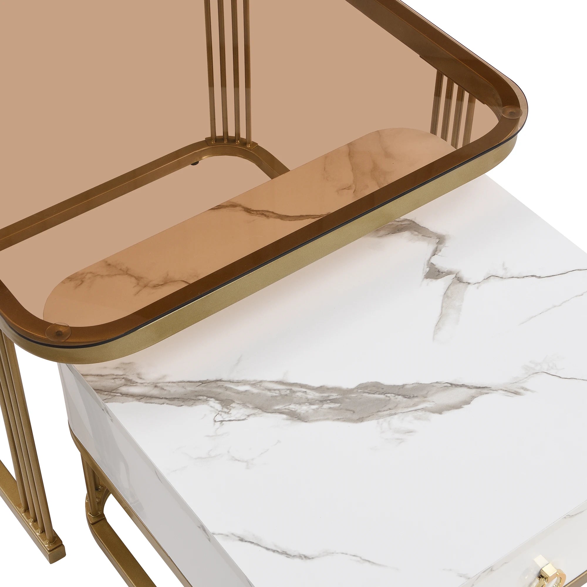 2er-Set Stapelbare Couchtische – Hochglanz-Marmoroptik mit Teebraun-Glasplatte, Goldene Akzente, Beistelltische mit Schubladen