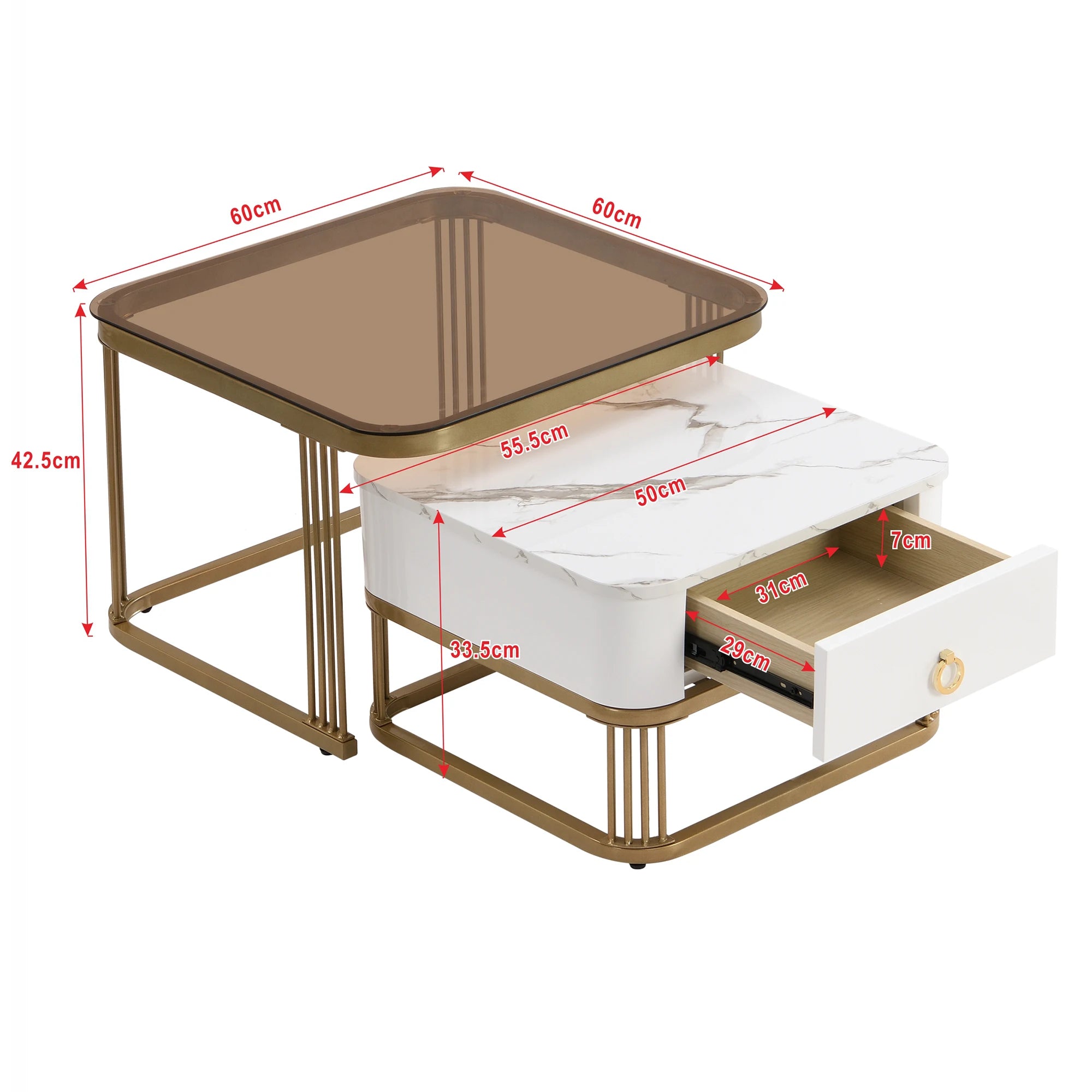 2er-Set Stapelbare Couchtische – Hochglanz-Marmoroptik mit Teebraun-Glasplatte, Goldene Akzente, Beistelltische mit Schubladen