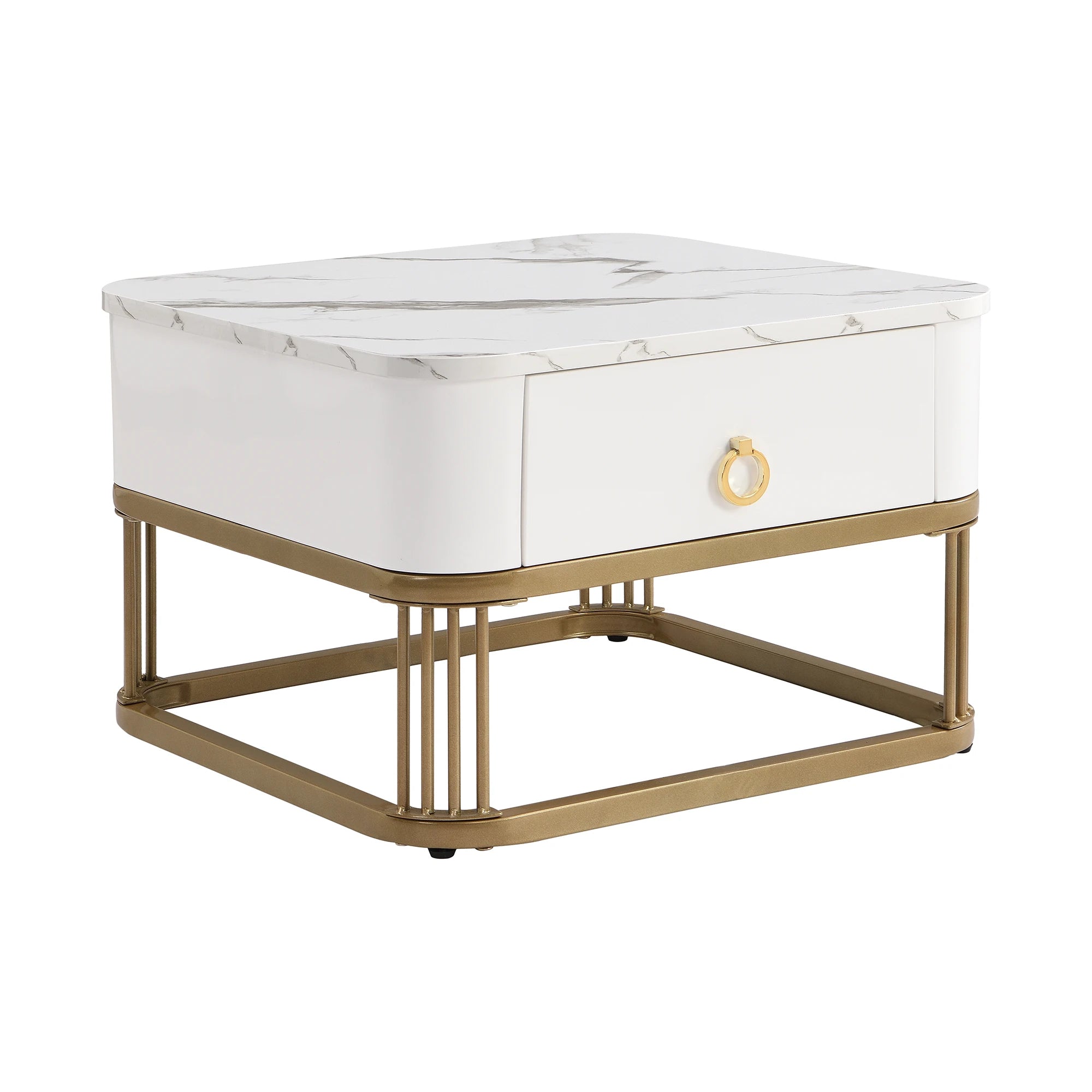 2er-Set Stapelbare Couchtische – Hochglanz-Marmoroptik mit Teebraun-Glasplatte, Goldene Akzente, Beistelltische mit Schubladen