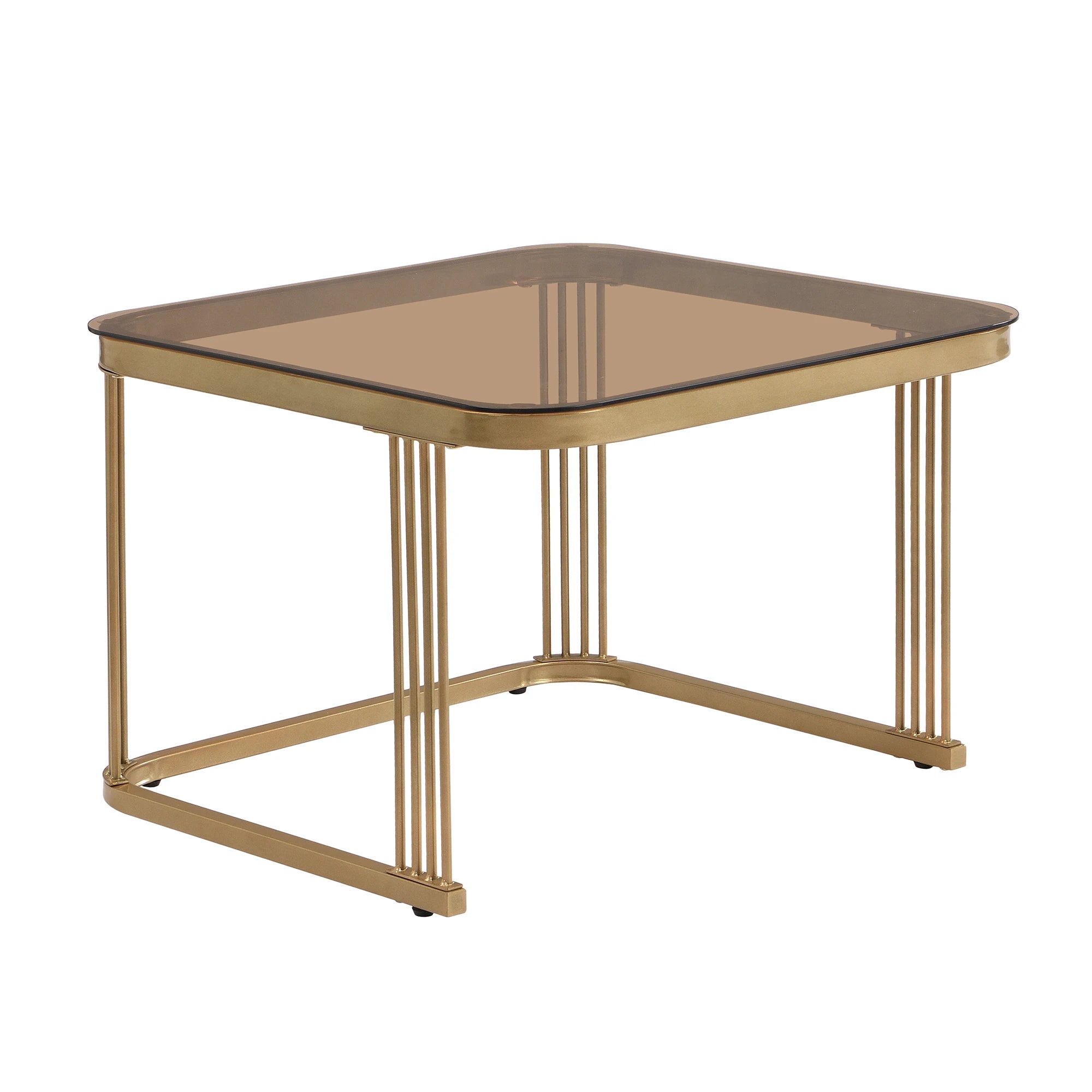2er-Set Stapelbare Couchtische – Hochglanz-Marmoroptik mit Teebraun-Glasplatte, Goldene Akzente, Beistelltische mit Schubladen