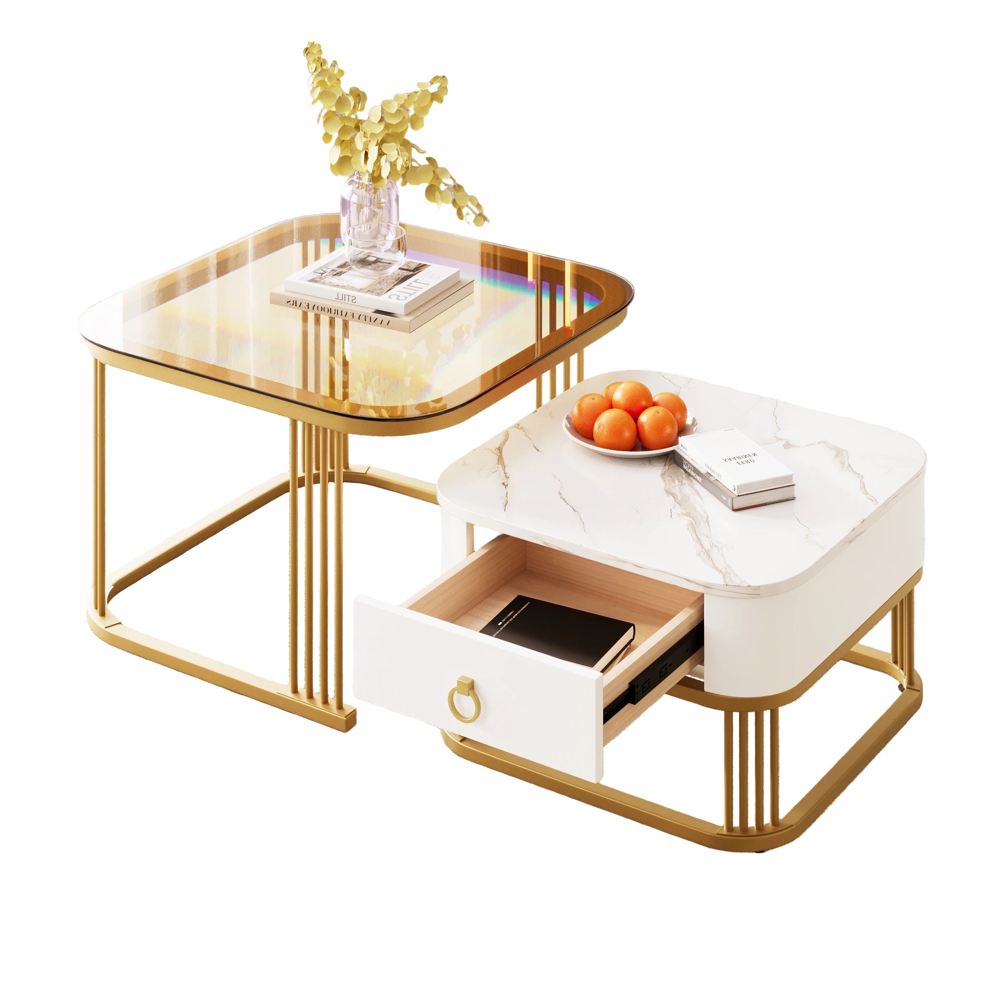 2er-Set Stapelbare Couchtische – Hochglanz-Marmoroptik mit Teebraun-Glasplatte, Goldene Akzente, Beistelltische mit Schubladen