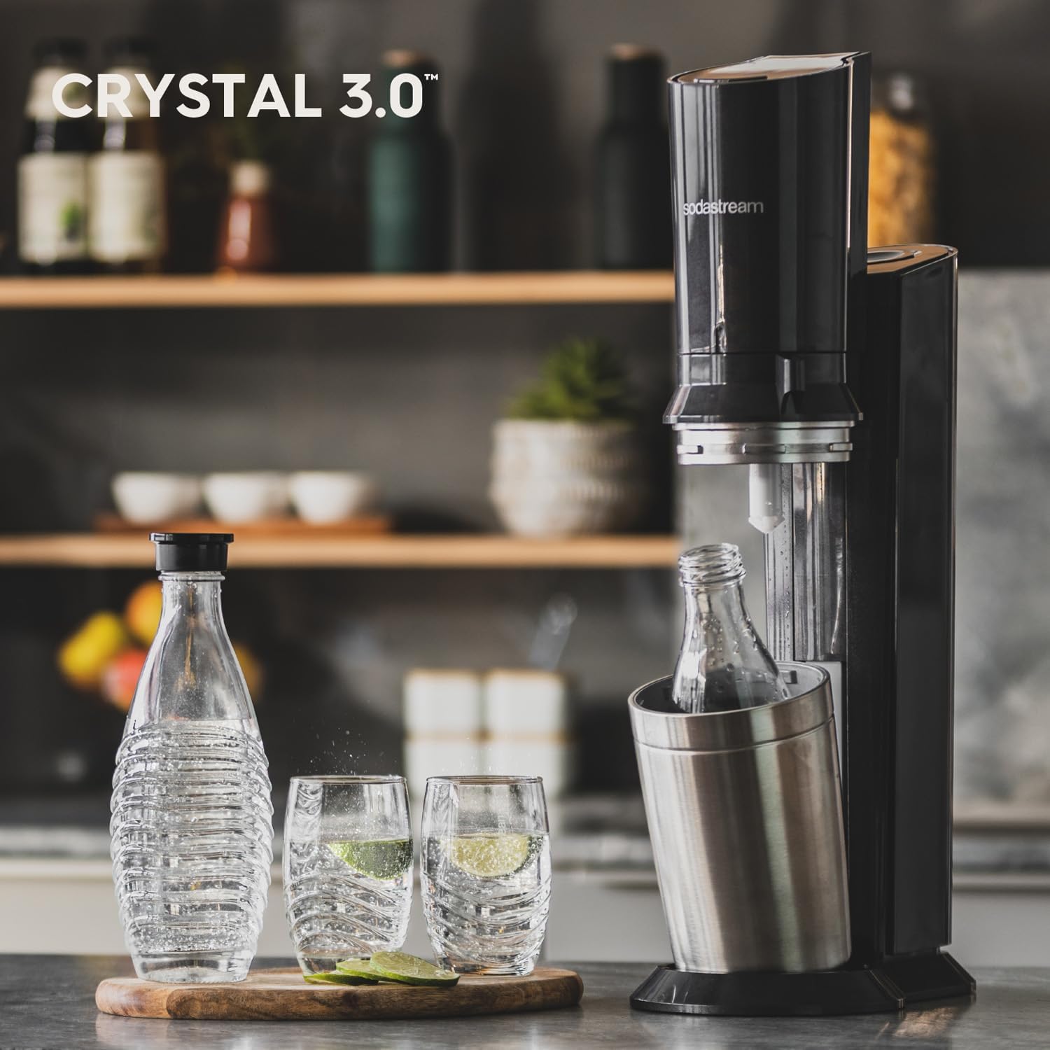Crystal 3.0 Wassersprudler mit 1x Quick-Connect CO2-Zylinder und 2X Glaskaraffen, Silber, Schwarz, Titan, 45 cm – Bild 3