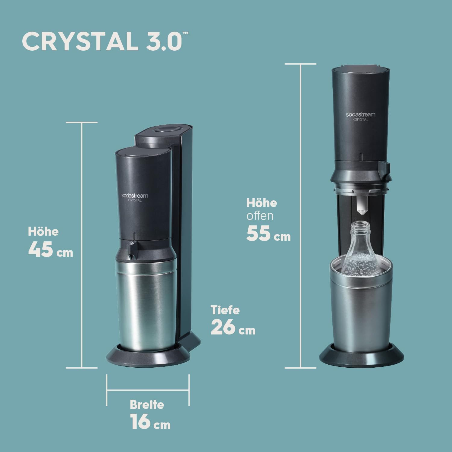 Crystal 3.0 Wassersprudler mit 1x Quick-Connect CO2-Zylinder und 2X Glaskaraffen, Silber, Schwarz, Titan, 45 cm – Bild 5